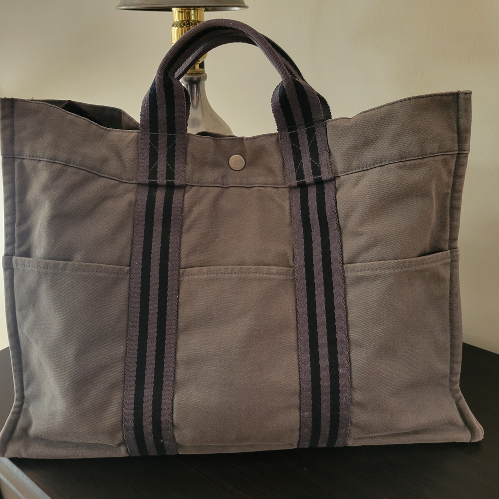 Hermes Charcoal Canvas Tote with Dual Striped Handles